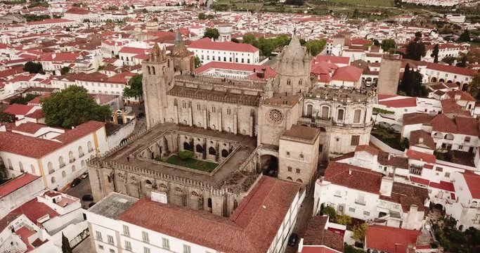 Picturesque aerial view of Evora city with medieval Cathedral of Evora