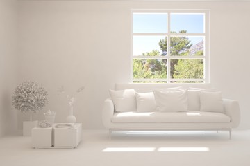 White living room with sofa and summer landscape in window. Scandinavian interior design. 3D illustration