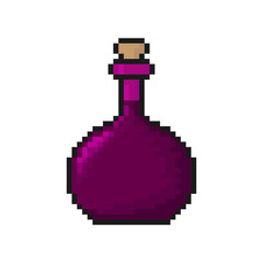 Bottle of potion icon. Vertical view. Vector pixel graphic illustration. Isolated object on a white background. Isolate.