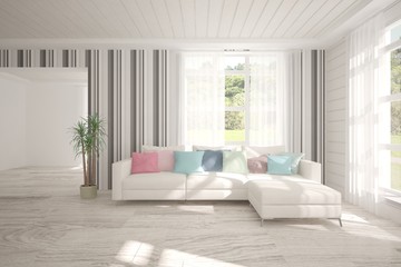 White living room with sofa. Scandinavian interior design. 3D illustration