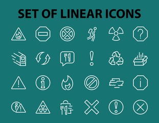 A simple set of WARNINGS, thin vector lines. Contains ICONS such as a warning, exclamation mark, reuse, warning sign, and more. Editable stroke. 48x48 Pixel Perfect. Vector illustration