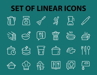 Set of icons for cooking and kitchen, vector lines, contains icons such as a knife, saucepan, boiling time, mixer, scales, recipe book. Editable stroke, perfect 480x480 pixels, white background