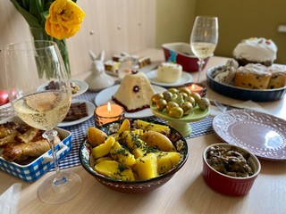 christmas table setting. homemade festive easter table. On wooden table. Traditional dishes.