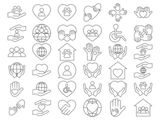 Voluntary, charity, donation set icons. Orphans and animal help, voluntary activity, heart in hands vector stock illustration isolated on white background.