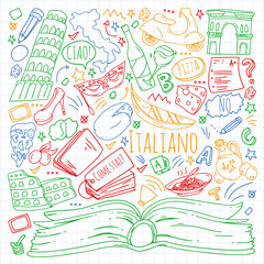 Italian language learning. Vector pattern with icons and national symbols of Italy.