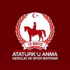 Turkish national holiday illustration banner 19 mayis Ataturk'u Anma, Genclik ve Spor Bayrami, tr: 19 may Commemoration Ataturk, Youth and Sports Day, White and red graphic design Turkish holiday card