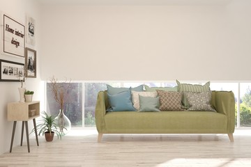 White living room with sofa. Scandinavian interior design. 3D illustration