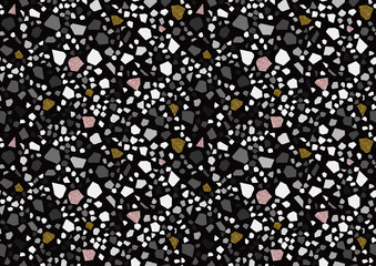 Abstract monochrome terrazzo seamless pattern. Gold, pink glitter textured elements.