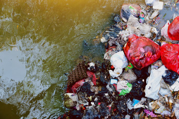 A pile of garbage contaminates the nature. Society bad habit.