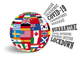 Global country flags with covid-19 coronavirus pandemic awareness conceptual design illustration