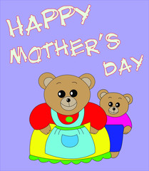 Naklejka premium Happy Mothers Day gift card with two teddy bears, blue background.