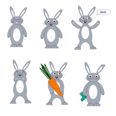 Bunny, rabbit animated emotions. Cartoon collection on white background. Set elements. Happy smile card concept illustration.