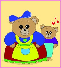 Two teddy bears, yellow background with red hearts. Cute cartoon vector art.