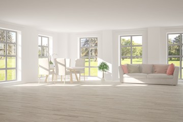 White living room with sofa and summer landscape in window. Scandinavian interior design. 3D illustration