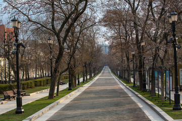 Fototapeta na wymiar April 2020 Moscow, Tverskaya Boulevard. Sunny day. Empty park alley. Self-isolation in the city. Quarantine in Moscow.