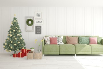 Winter new year interior of living room with sofa. Scandinavian design. 3D illustration