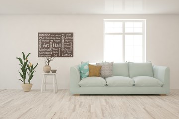 White living room with sofa. Scandinavian interior design. 3D illustration