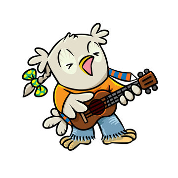 Owl. Little funny singing bird with ukulele