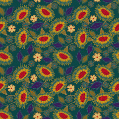 Vector floral seamless pattern. Elegant ornament with exotic fantasy flowers, leaves. Green, yellow, purple and red color. Ethnic folk style painting. Retro vintage background. Botanical wallpapers