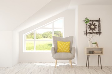 White living room with armchair and green landscape in window. Scandinavian interior design. 3D illustration