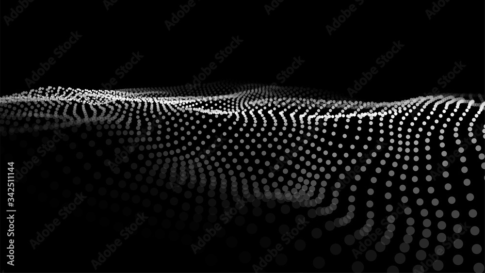 Poster Big data visualization 3D. Abstract wave of dots on dark background.Digital landscape with flowing particles. Vector illustration.