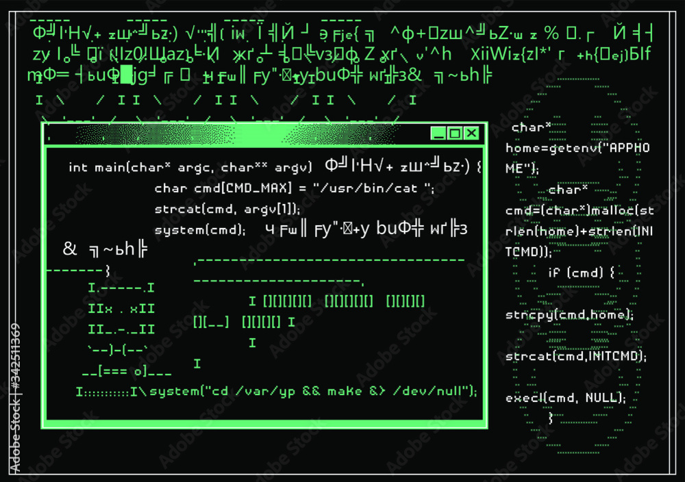 Fototapete Glitched computer screen with random broken encoding, ascii art and console window like in retro PC of 80s-90s. Concept of ransomware, Code Injection and cyber security.