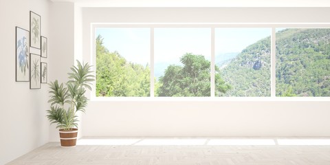 White panoramic empty room with summer landscape in window. Scandinavian interior design. 3D illustration