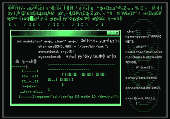 Glitched computer screen with random broken encoding, ascii art and console window like in retro PC of 80s-90s. Concept of ransomware, Code Injection and cyber security.