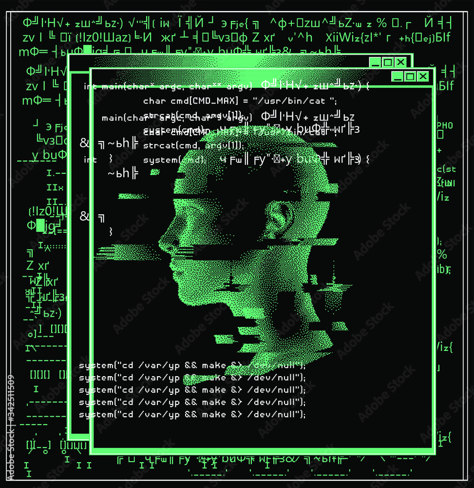 Aufkleber Silhouette of a human head. Conceptual image of AI (artificial intelligence), VR (virtual reality), Deep Learning  and Face recognition systems. Cyberpunk style vector illustration.