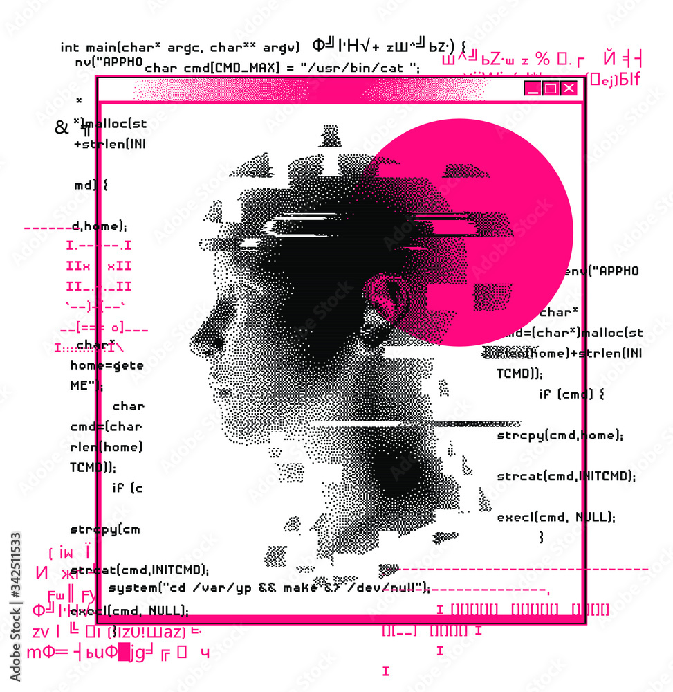 Aufkleber Silhouette of a human head. Conceptual image of AI (artificial intelligence), VR (virtual reality), Deep Learning  and Face recognition systems. Cyberpunk style vector illustration.