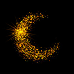 Crescent golden glitter moon on shiny black background for holy month of Muslim community Ramadan Kareem. Eid Mubarak glitter holiday design with glowing lights. Luxury gold crescent with confetti. © julimur