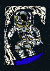 Funny Poster. Astronaut surfing the moon. Hand drawn illustration. Characters design.
