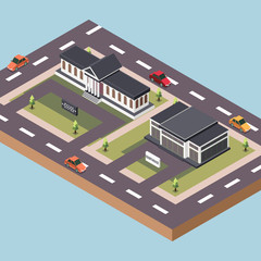 Isometric Vector Illustration Representing a Mayor Governor and Court House Building Surrounded by Roads and Cars in a Town