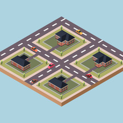 Isometric Vector Illustration Representing Residences or Public Housing Surrounded by Roads and Cars in a Town