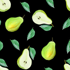 harvest sweet pears with leaves fruit gouache illustration freehand drawn seamless pattern. Food pattern for wallpaper, background, fabric, textile, cafe, restaurant, packaging