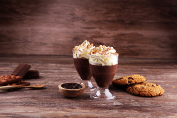 hot chocolate with cocoa and chocolate chip cookies and whipped cream