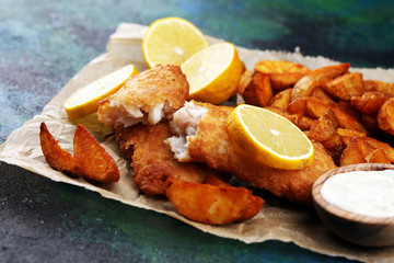 traditional British fish and chips consisting of fried fish, potato chips and mayonnaise