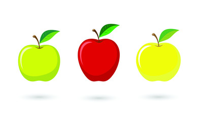 A set of three apples of different colors.