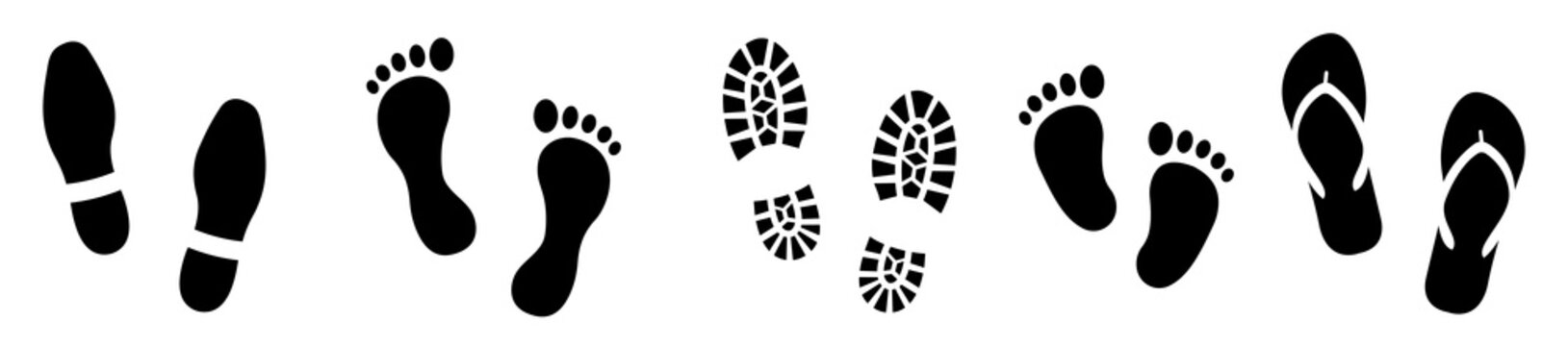 Different human footprints collection. Set human footprints . Baby footprint. Shoes for children and adults.Flat linear design. Black silhouettes isolated.Vector illustration