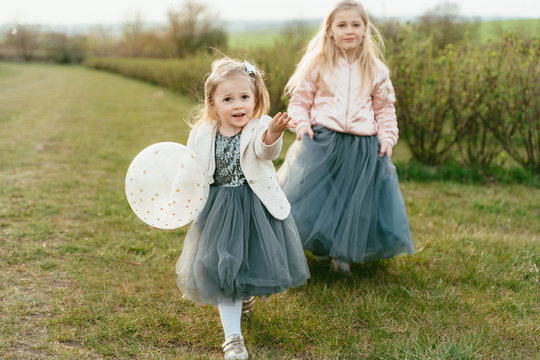 Two little sisters in luxurious dresses with balloons on a background of green field. daughter's day