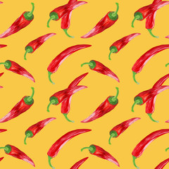 Chili peppers hand drawn seamless pattern on yellow. Manual illustration in gouache. Natural background for wallpaper, background, fabric, textile, cafe, restaurant, exotic, packaging