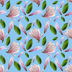 Seamless pattern with blooming magnolia flowers and leaves. Watercolor illustration. Pattern on isolated light blue background for your design, wrapping paper, fabric, background