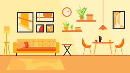 Modern cozy living room and dining room with comfortable sofa, chair and table in warm colors. Great place for stay at home during quarantine. Flat style vector illustration.