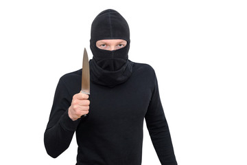 a man in balaclava with a knife close-up portrait on a white background.