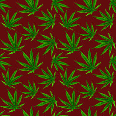 Fototapeta na wymiar Marijuana gouache seamless pattern . Hemp marijuana, hemp leaves on red background. Green smoke hashish narcotic