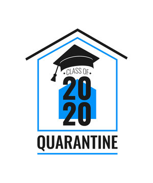 Class Of 2020 Quarantine. Black Number, Education Academic Cap On Blue And White Background. Coronavirus Quarantine 2020. Vector Illustration.