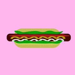  illustration of a hot dog with ketchup, mustard and mayonnaise. Cartoon flat style.