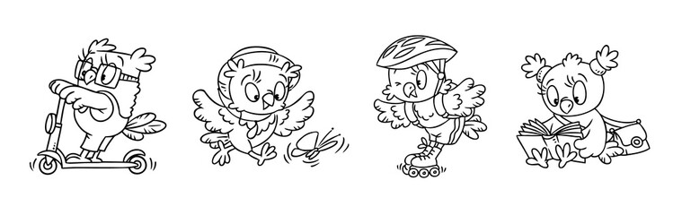 Owl. Funny little bird coloring book set