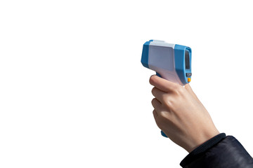 Woman hand holding infrared laser thermometer isolated on white
