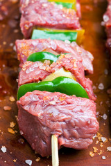 delicious raw meat skewer, beef